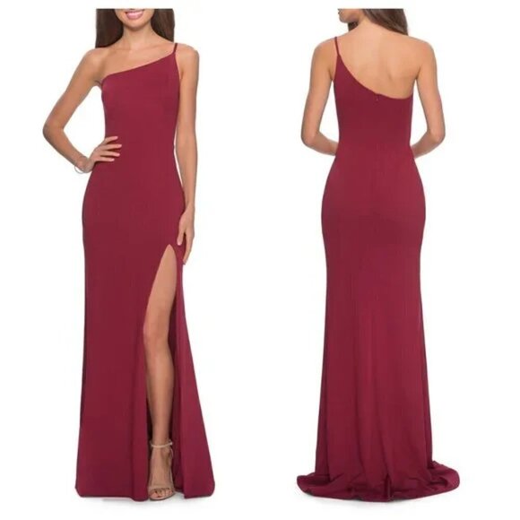 New La Femme 28176 One Shoulder Jersey Burgundy Evening Gown NWT Size 12 - Picture 2 of 6